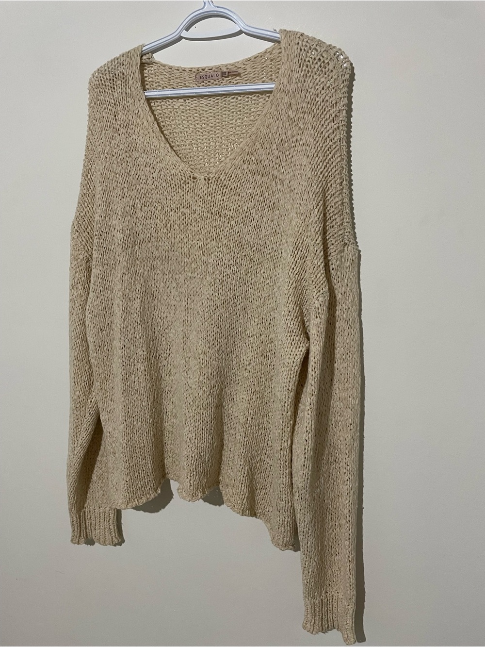ESQUALO Beige Open-Knit V-Neck Sweater